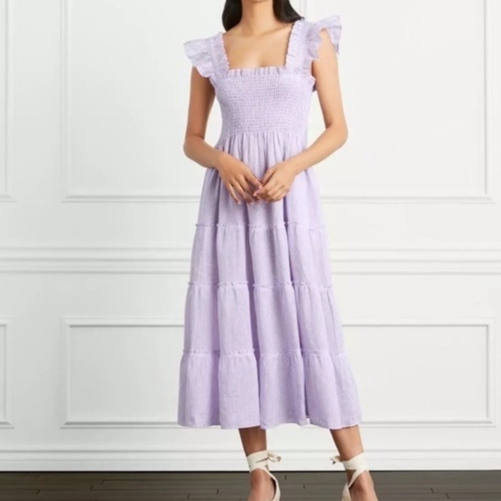 Hill House Home Ellie Nap Dress Lilac Stripe Linen Smocked Tiered Pockets XL